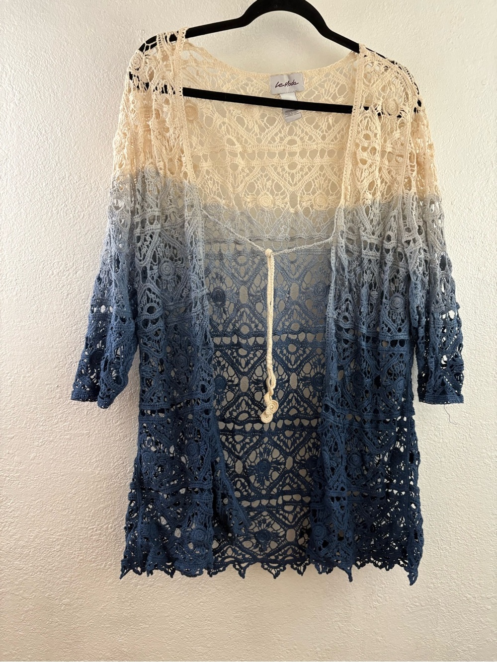 Le Moda Womens Croche Ombre  Blue Tie Cardigan Size L 3/4 Sleeve